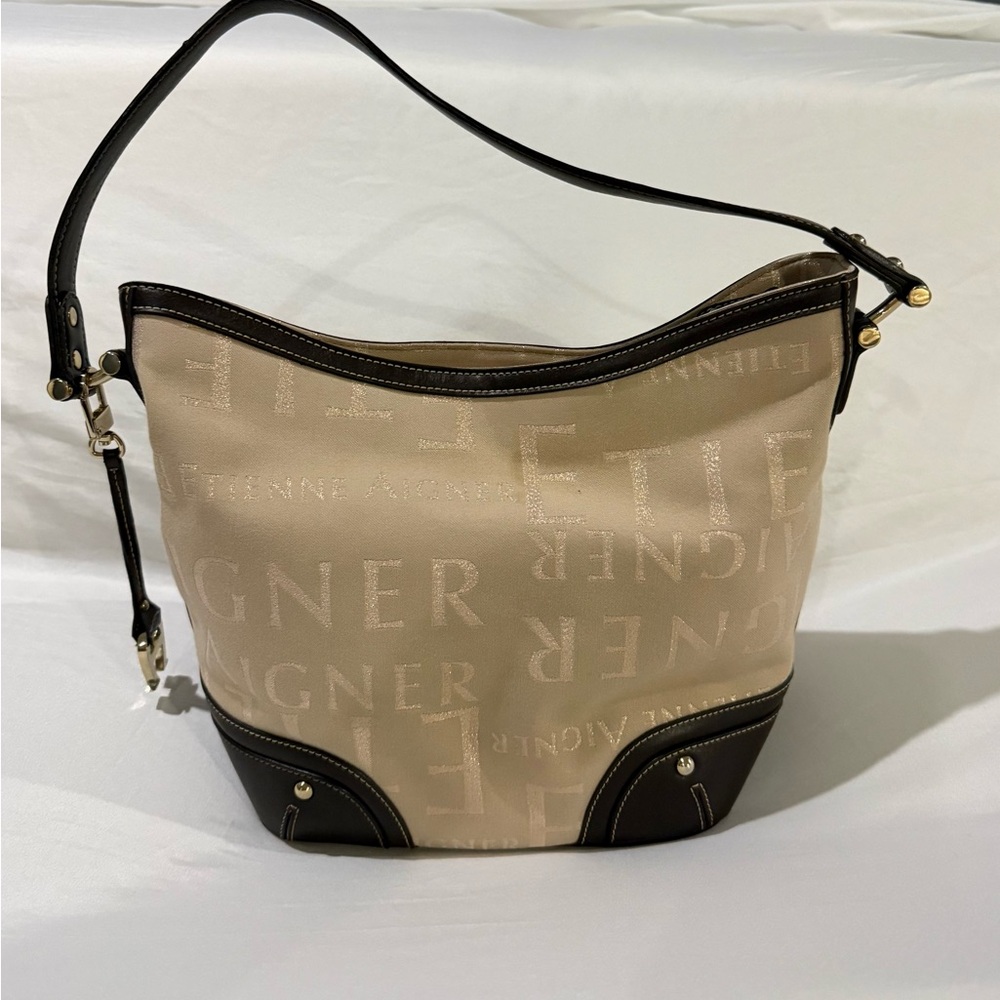 Etienne Aigner Brown Leather Canvas Gold SignatureLogo Bucket Style Shoulder Bag